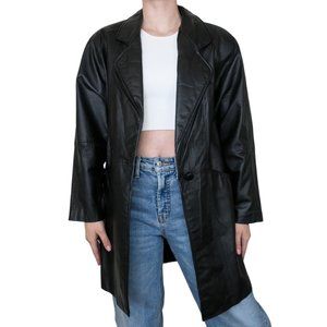 Vintage 80s Pelle Black Leather Blazer Trench Coat